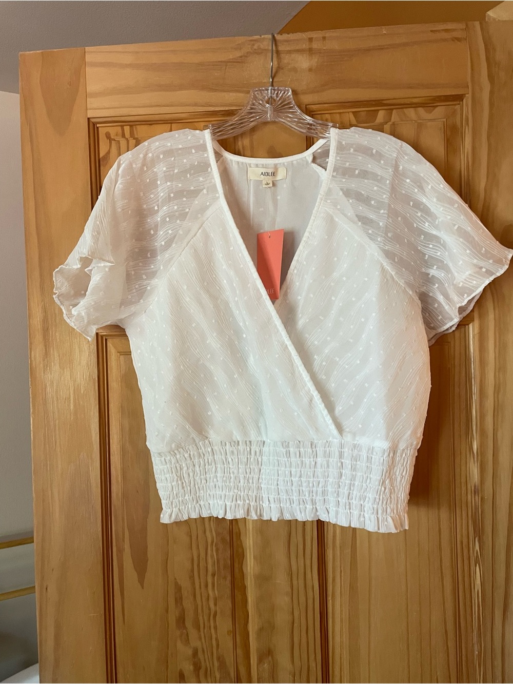 White Swiss Dot Wrap Crop Top with Smocked Waist